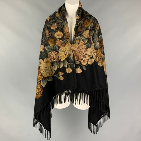 LORO PIANA for NEIMAN MARCUS Black & Beige Floral Cashmere Fringe Scarf