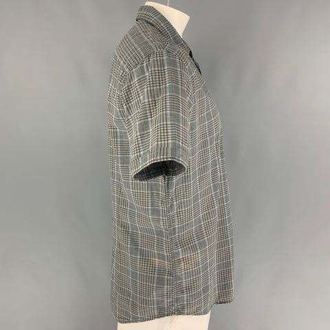 JOHN VARVATOS Size L Grey Green Plaid Cotton Short Sleeve Shirt