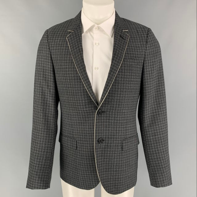 LANVIN Size 38 Navy Grey Plaid Wool Notch Lapel Regular Sport Coat