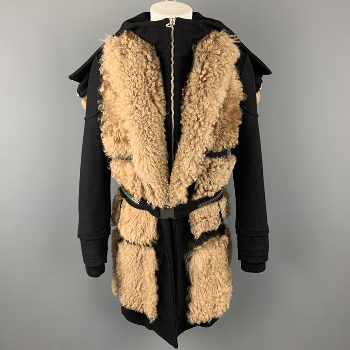 HOOD BY AIR Size 36 Black & Tan Fur Panel Layer Hooded Coat