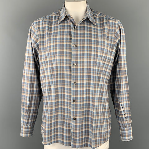 ERMENEGILDO ZEGNA Size XL Blue & Taupe Plaid Cotton Button Down Long Sleeve Shirt