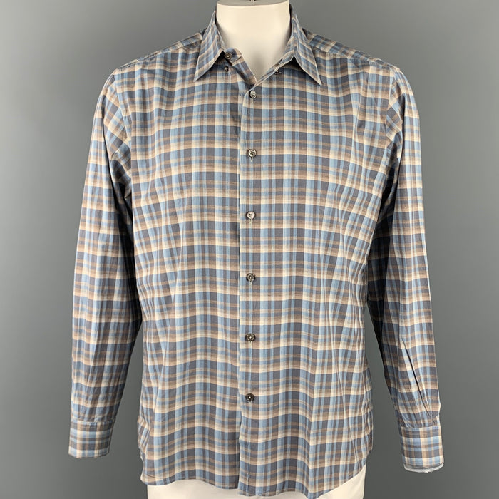 ERMENEGILDO ZEGNA Size XL Blue & Taupe Plaid Cotton Button Down Long Sleeve Shirt