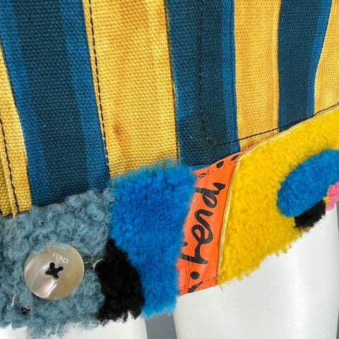 FENDI x JOHN BOOTH Size 40 Yellow Blue Stripe Cotton Lamb Fur Denim Jacket