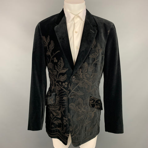 PAUL SMITH Size 42 Black Embroidery Velvet Notch Lapel Sport Coat
