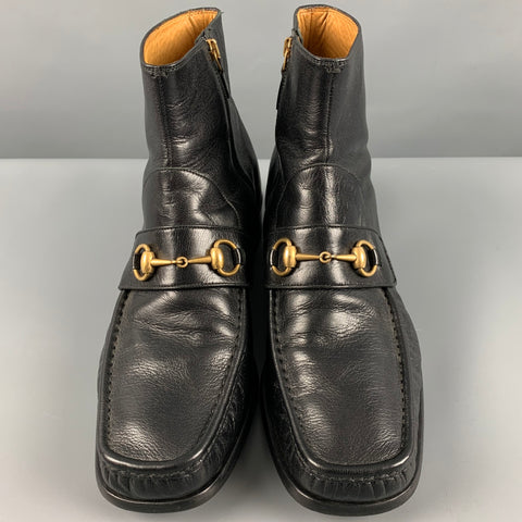 GUCCI Size 9.5 Black Embroidery Leather Square Toe Boots