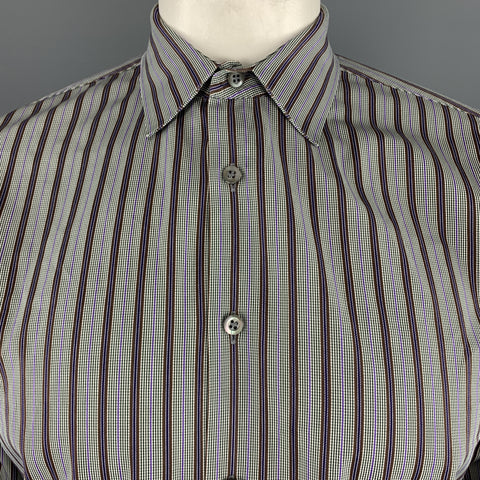 PRADA Taille L Chemise à manches longues en coton à rayures gris marron vert et violet
