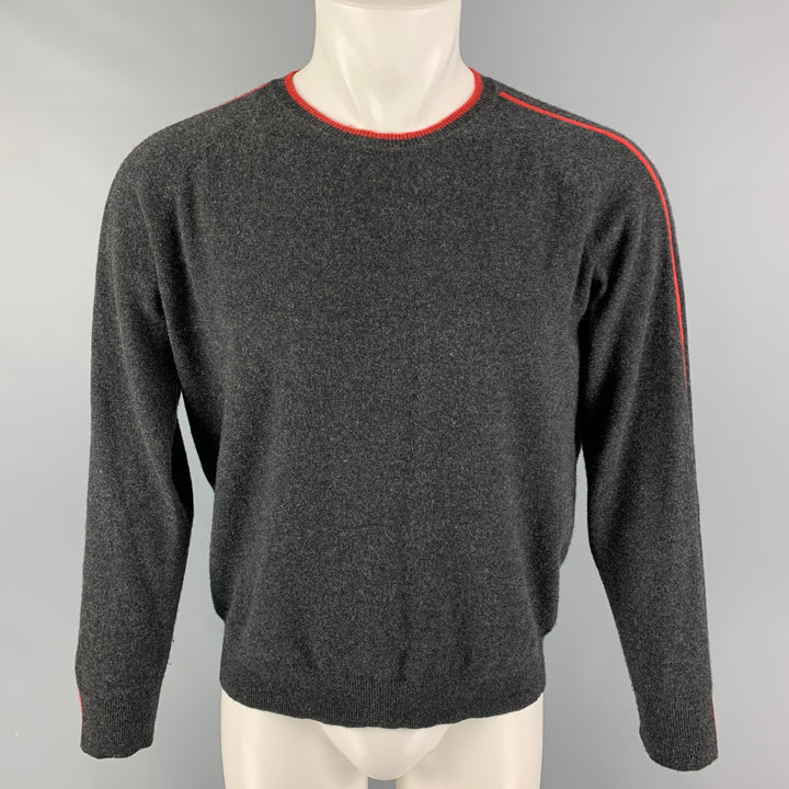 NEIMAN MARCUS Size M Grey Orange Contrast Trim Cashmere Crew-Neck Pullover