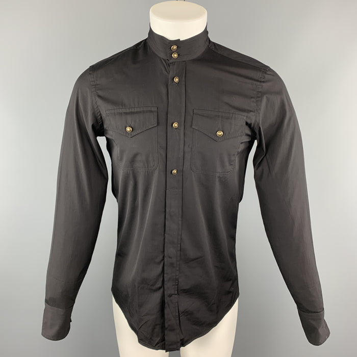 GUCCI Size S Black Solid Cotton Nehru Collar Long Sleeve Shirt