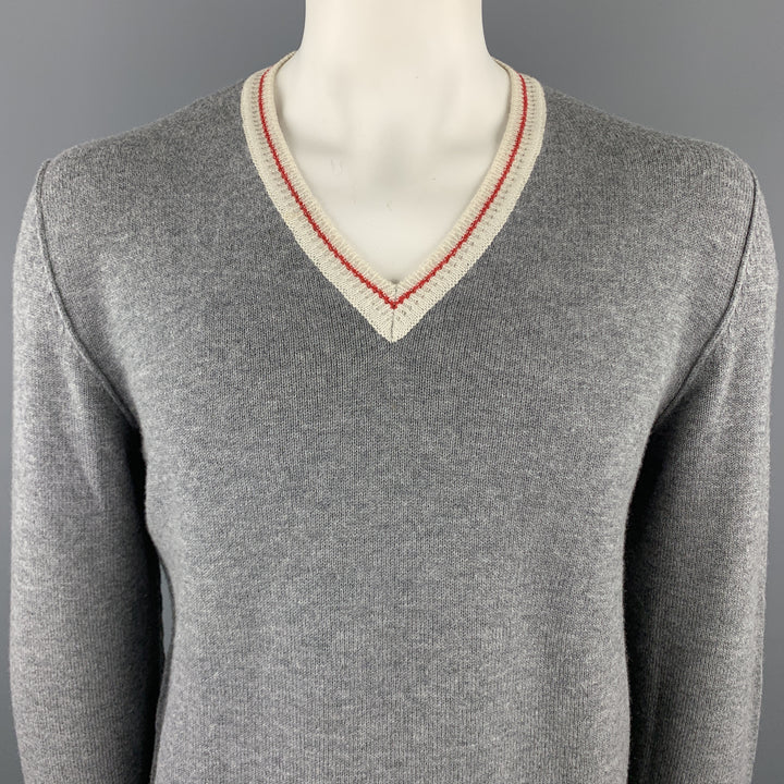 PRADA Size L Gray Wool V-Neck Beige Trim Elbow Patch Pullover Sweater