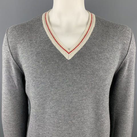 PRADA Talla L Jersey de lana gris con cuello en V y ribete en beige con parche en el codo