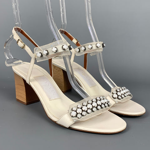 LANVIN Talla 9 Sandalias de tiras de cuero con diamantes de imitación naturales blancos