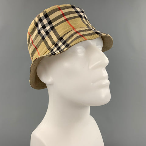 BURBERRY LONDON Beige Plaid Cotton Reversible Bucket Hat