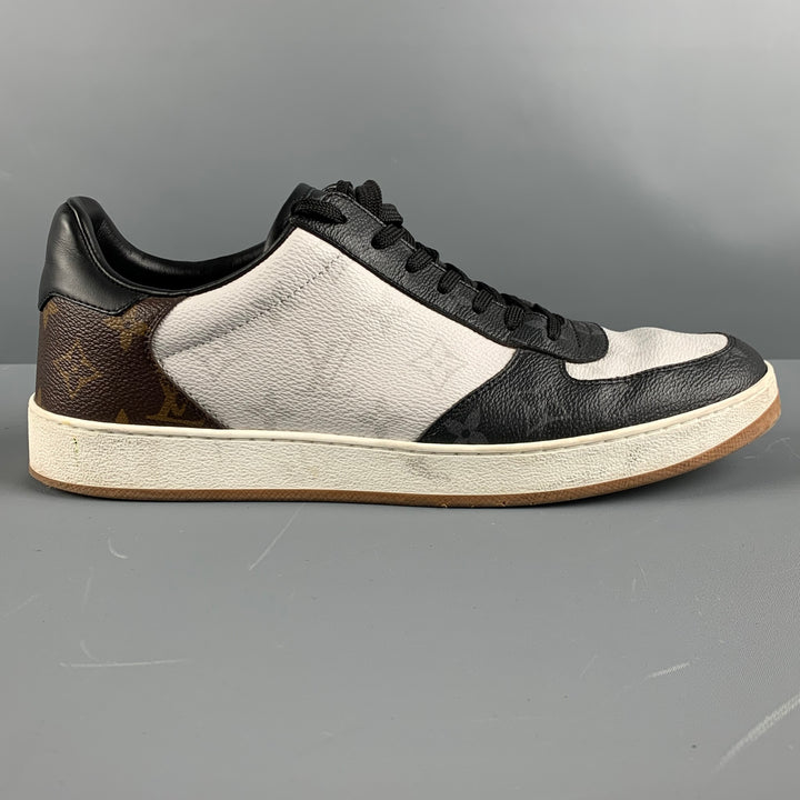 LOUIS VUITTON Size 9.5 White Black & Brown Logo Leather Low Top Sneakers