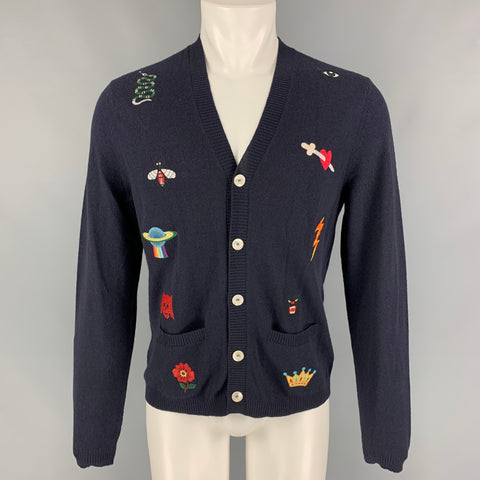GUCCI Size L Navy Embroidery Wool V-Neck Cardigan