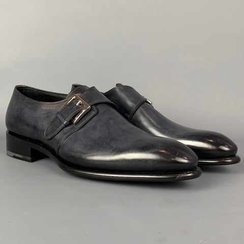 SANTONI Size 11.5 Charcoal Antique Leather Monk Strap Loafers