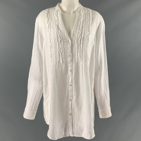 120% LINO Size M White Linen Ruffled Open Collar Shirt