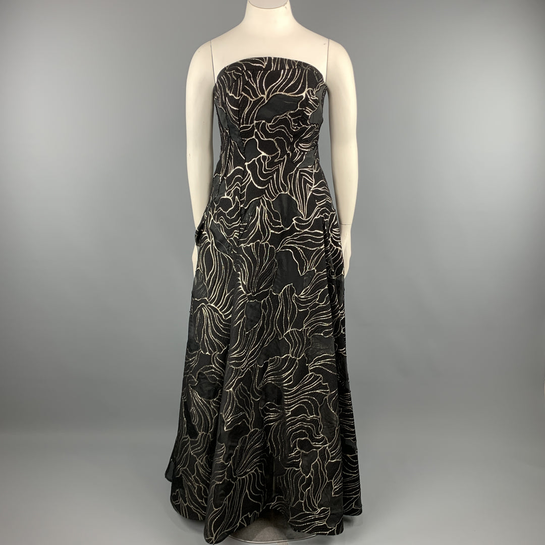 RUBIN SINGER Size 14 Black & Gold Floral Wool Blend Strapless Bustier Sui Generis Designer Consignment RUBIN SINGER Size 14 Black & Gold Floral Wool Blend Strapless Bustier Sui Generis Designer Consignment