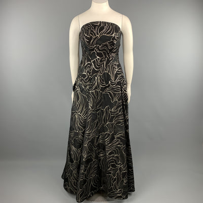 RUBIN SINGER Size 14 Black & Gold Floral Wool Blend Strapless Bustier Evening Gown