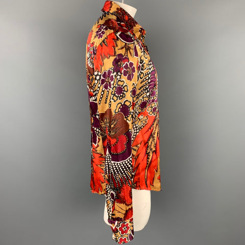 JUST CAVALLI Size XL Gold & Brown Print Silk Button Up Long Sleeve Shirt