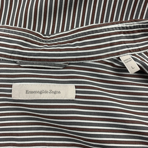ERMENEGILDO ZEGNA Size L Grey & Brown Stripe Cotton Button Up Long Sleeve Shirt
