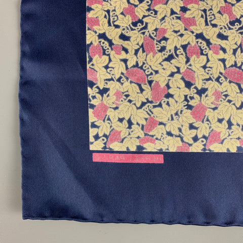 HERMES Navy Purple Grapes Silk Twill Pocket Square