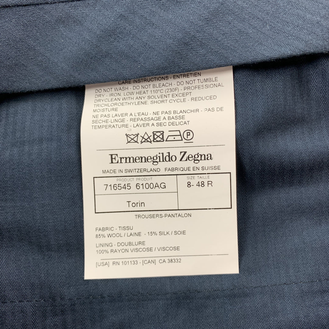 ERMENEGILDO ZEGNA Talla 32 Pantalón de vestir azul marino tejido de lana / seda con cremallera y bragueta