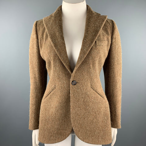 RALPH LAUREN Size 12 Brown Herringbone Lambswool Peak Lapel Jacket