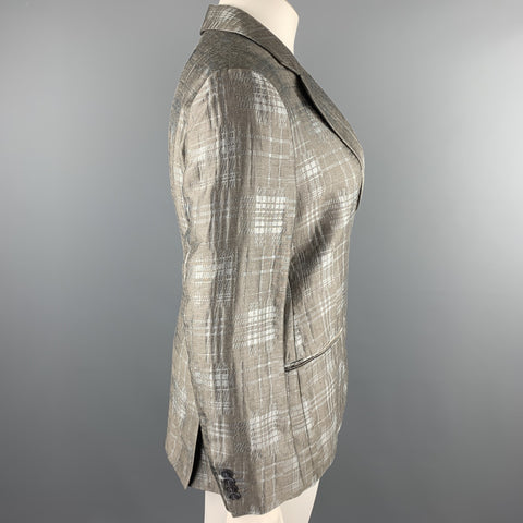 GIORGIO ARMANI Size 10 Grey Plaid Jacquard Linen Blend Notch Lapel Blazer