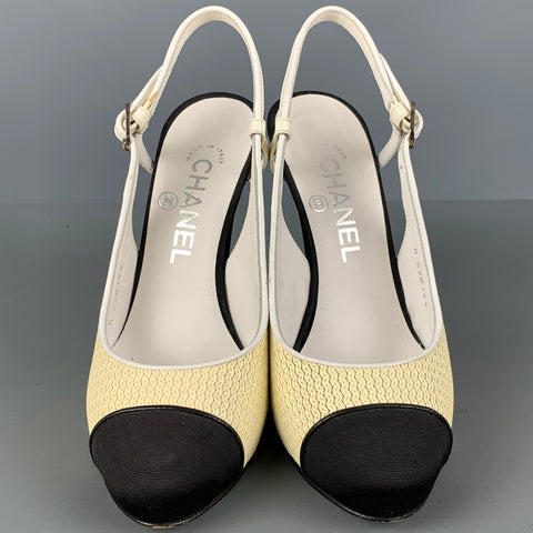 CHANEL Size 6 Cream Black Acetate Color Block Slingback Pumps