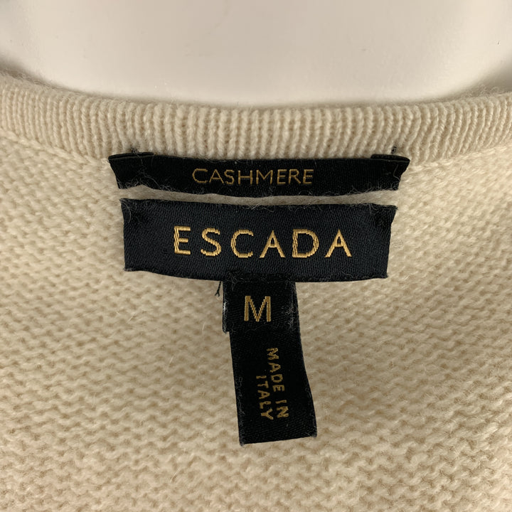 ESCADA Size M Cream CashmereV Neck Cable Knit Panel Zip Cardigan