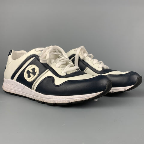 GUCCI Talla 9 Zapatillas con cordones de cuero con bloques de color blanco y azul marino