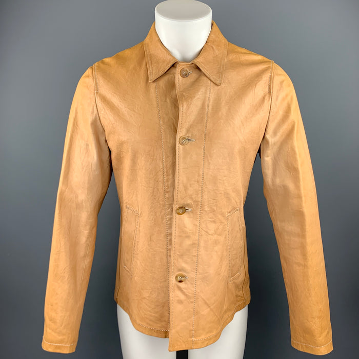 JIL SANDER Size 40 Tan Distressed Leather Drawstring Jacket