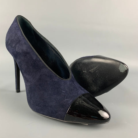 LANVIN Talla 8 Zapatos de tacón con punta de charol de ante azul marino