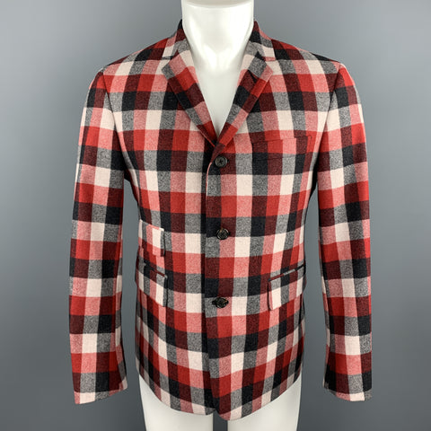 BLACK FLEECE Size 38 Notch Lapel Red Checkered Plaid Wool Sport Coat