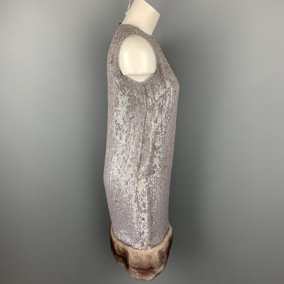 NORMAN AMBROSE Size 4 Gray Silk Sequined Mink Fur Panel Shift Cocktail Dress