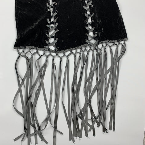 ADRIENNE LANDAU Black Velvet Lace Up Ribbon Fringe Scarf