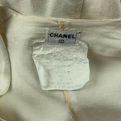 Vintage CHANEL Size 4 Cream Linen V-Neck Patch Pocket Jacket