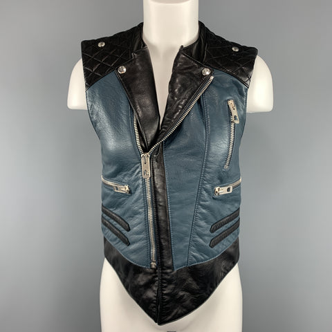 BALENCIAGA Size 8 Black & Teal Blue Quilted Leather Biker Vest
