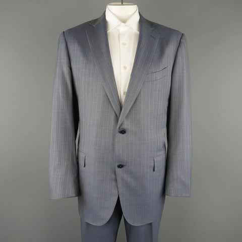 ERMENEGILDO ZEGNA 48 Long Blue Striped Wool Single Breasted Notch Lapel Suit ERMENEGILDO ZEGNA