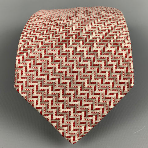 HERMES Red White Silk Jacquard Tie