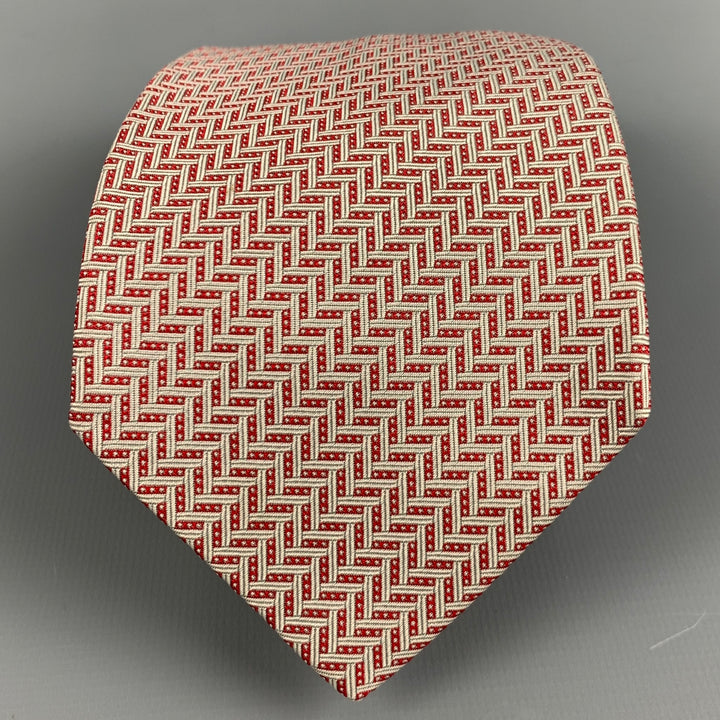 HERMES Red White Silk Jacquard Tie