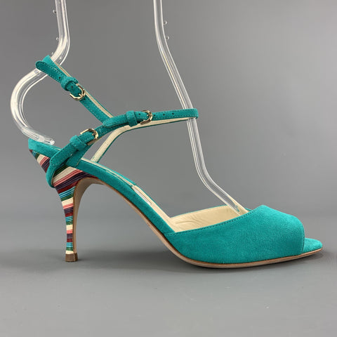 BRIAN ATWOOD 7.5 Sandalias TRIXIE de ante turquesa con tacón arcoíris y punta abierta
