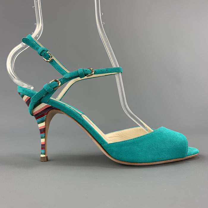 BRIAN ATWOOD 7.5 Turquoise Suede Rainbow Heel Peep Toe TRIXIE Sandals