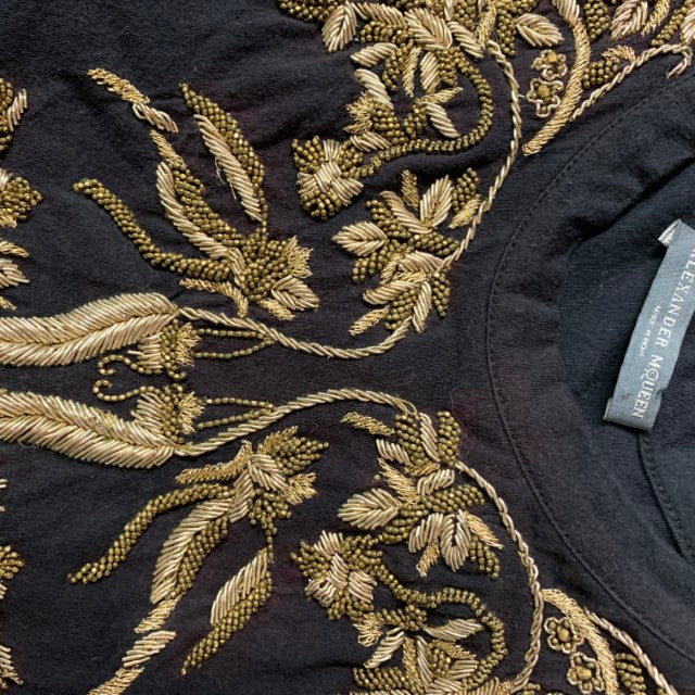 ALEXANDER MCQUEEN Size 0 Black Gold Cotton Embroidered Tank T-Shirt