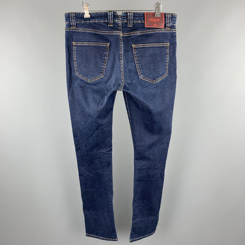 ISAIA Size 34 Indigo Denim Contrast Stitching Button Fly Jeans