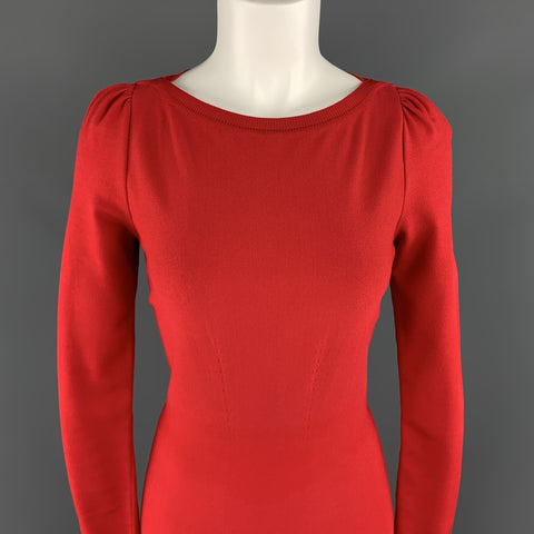 VALENTINO Size S Red Knit long Sleeve Pleat Flare Skirt Dress