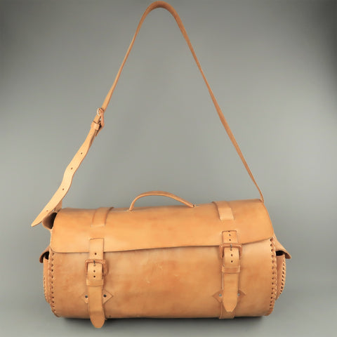 EUROPEAN NATURAL LEATHER BAGS Tan Leather Duffle Woven Trim Duffle Bag