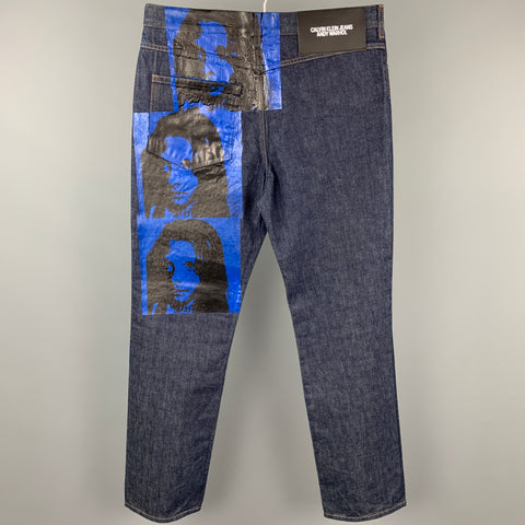 CALVIN KLEIN 205W39NYC by RAF SIMONS x Andy Warhol Size 34 Indigo Sandra Brant Painted Denim Zip Fly Jeans