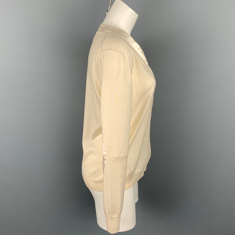 PRADA Talla 8 Cárdigan con botones a presión y parches de codo de seda y lana de punto color crema