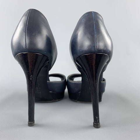 RALPH LAUREN Size 7 Navy & Black Leather Peep Toe Pumps